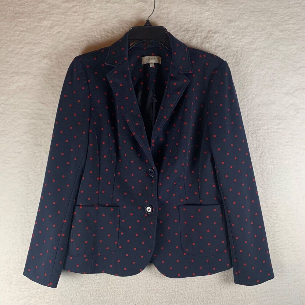 Talbots Women's Navy Red Polka Dot Two Button Front Pockets Blazer Size 8 8706